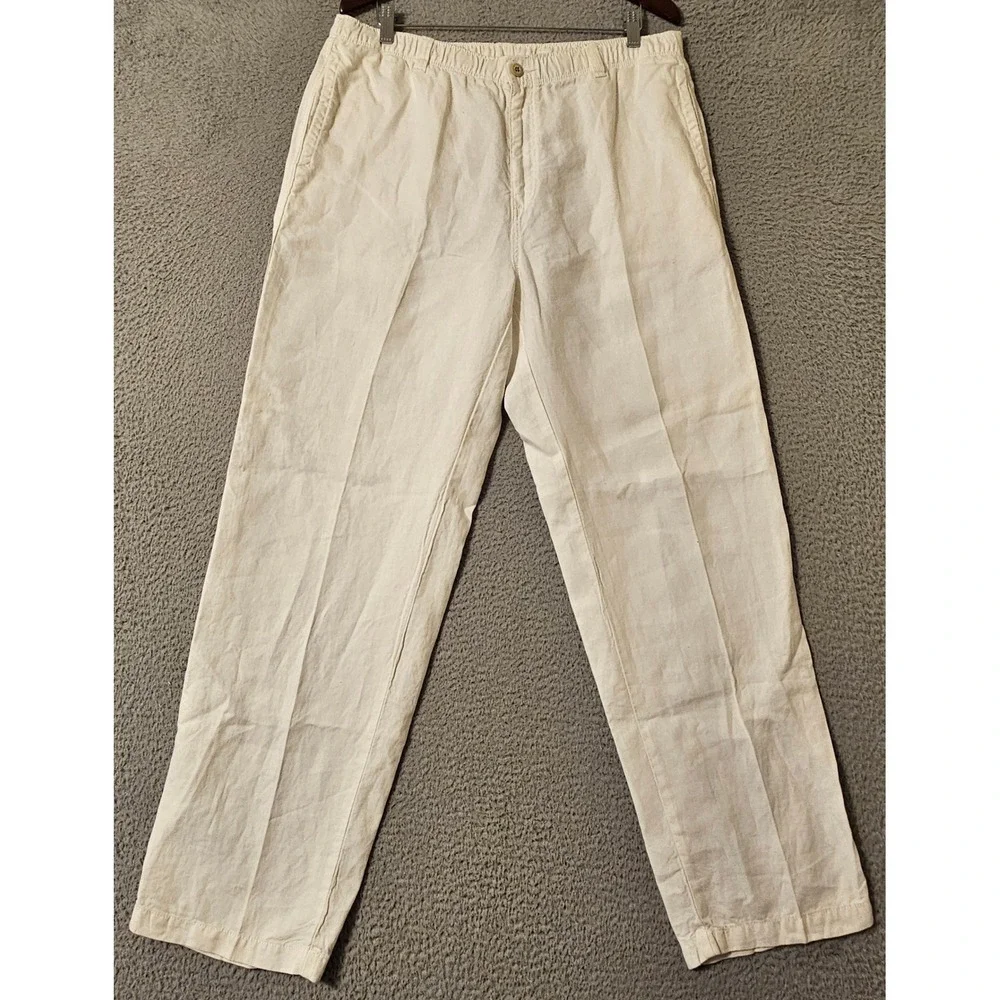 Tommy Bahama Relax Mens Cream 100% Linen Elastic Waist Drawstring Pants Size L
